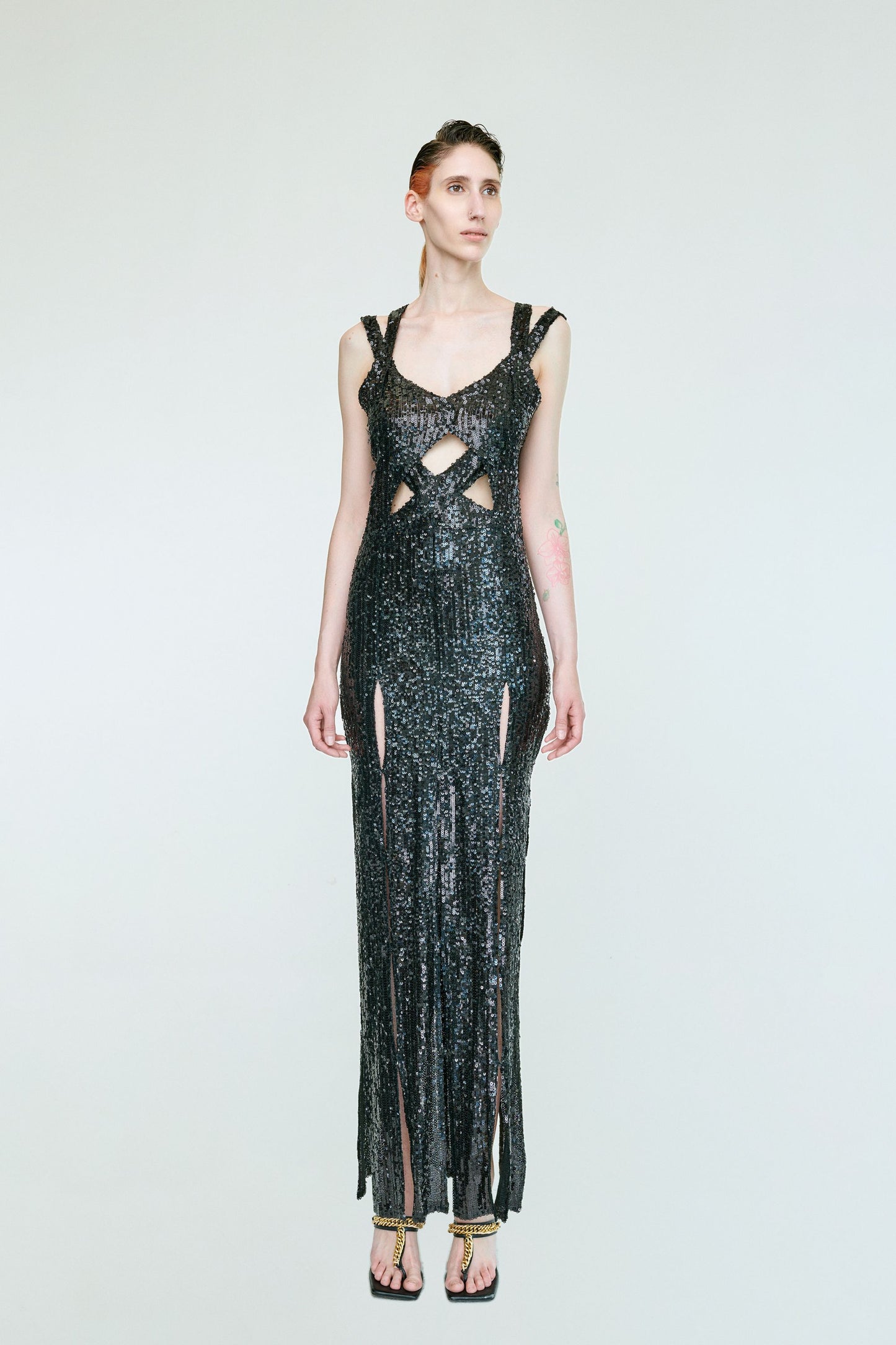 LILIAN TWISTED SEQUIN LONG GOWN WITH CUT OUTS