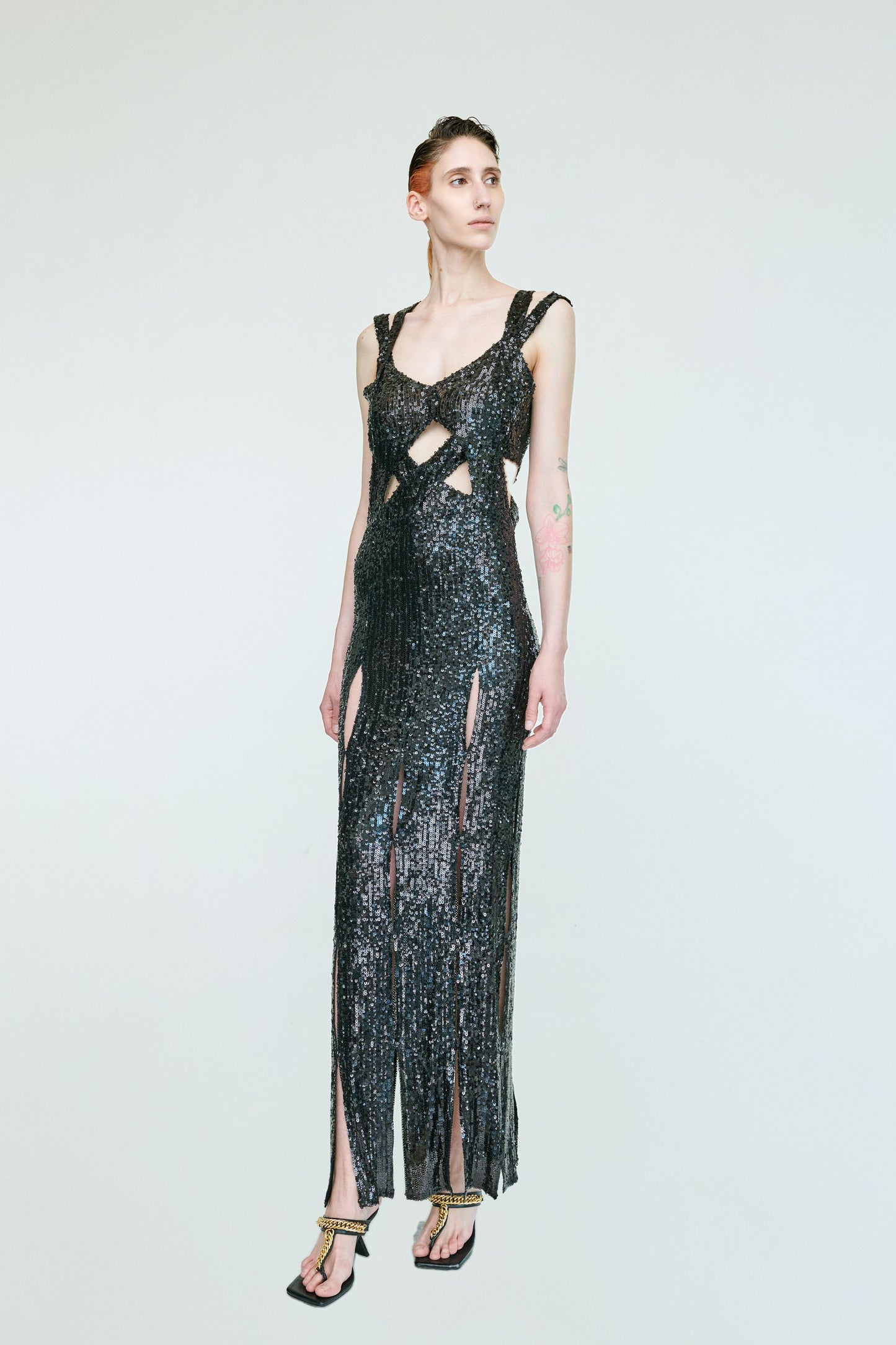 LILIAN TWISTED SEQUIN LONG GOWN WITH CUT OUTS