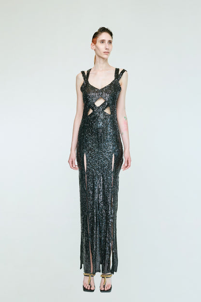LILIAN TWISTED SEQUIN LONG GOWN WITH CUT OUTS